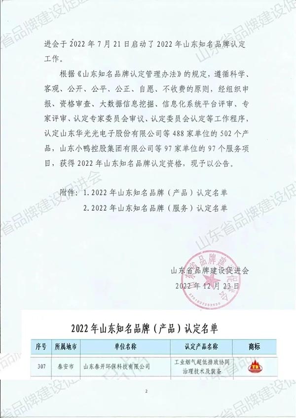 品牌榮譽(yù)丨公司產(chǎn)品榮獲2022年山東知名品牌稱號(hào)